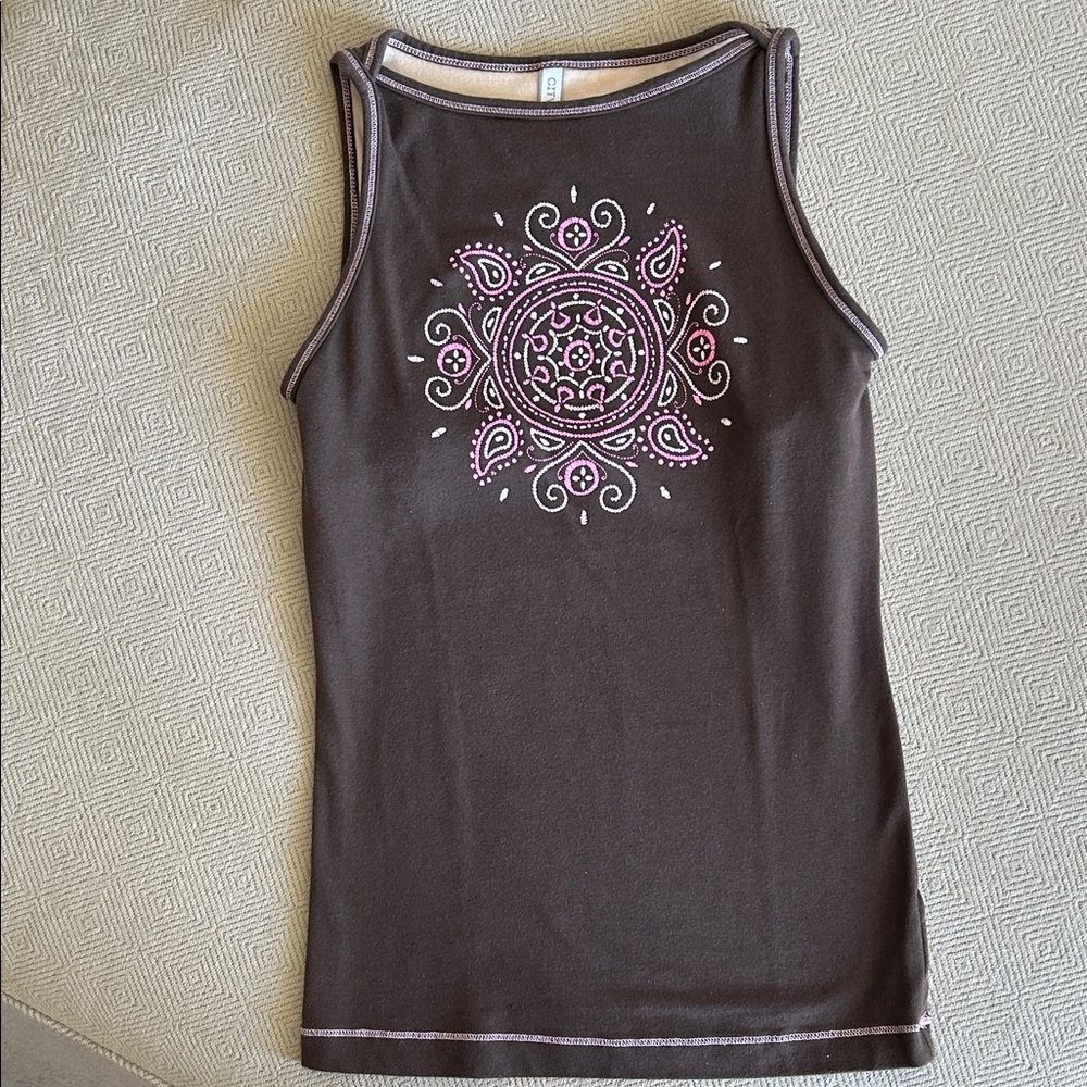 Brown Sleeveless Top with Pink Pattern